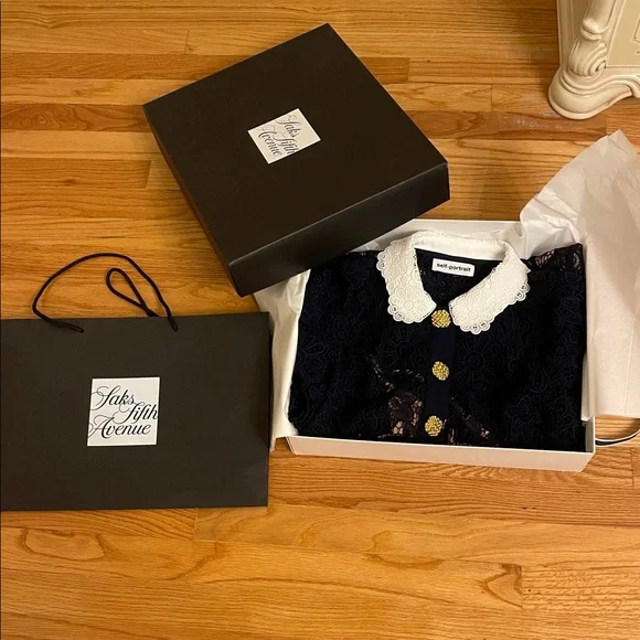 Self Portrait White Collar Navy Lace Midi Dress Size 8 - Picture 4 of 16